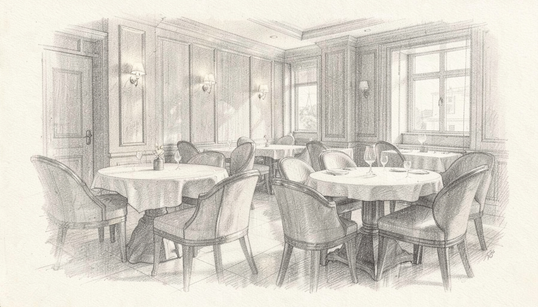 A warm graphite pencil sketch of a softly lit hotel dining room with round tables, upholstered chairs, and gentle shadows, in muted grey and cream tones.