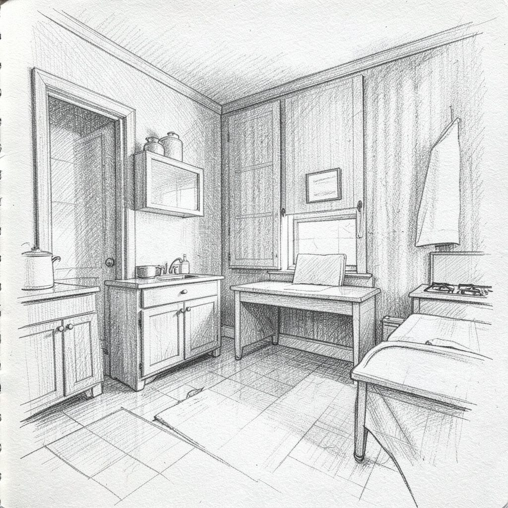 A comfortable hotel room interior with muted wall tones, a desk area, and gentle window light