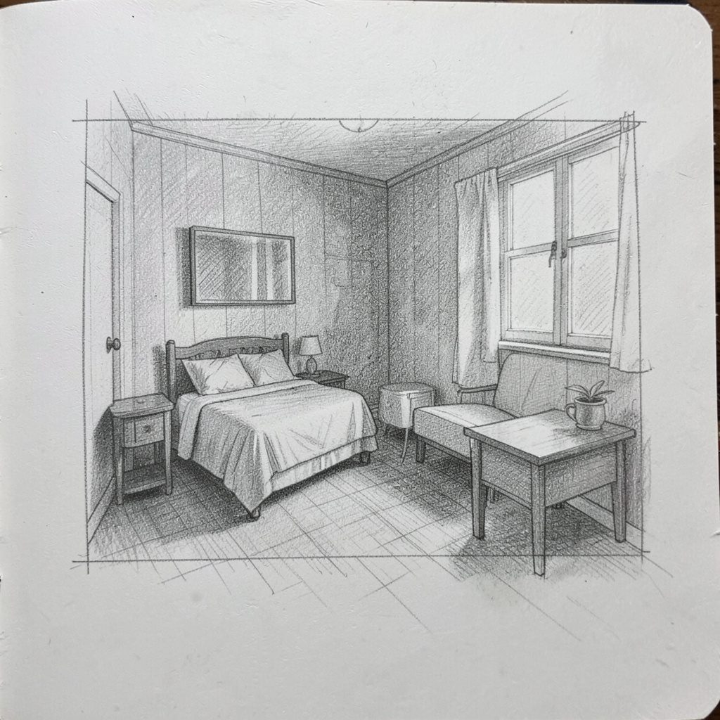 A serene hotel bedroom with soft grey-beige walls, crisp white bedding, and a calm atmosphere