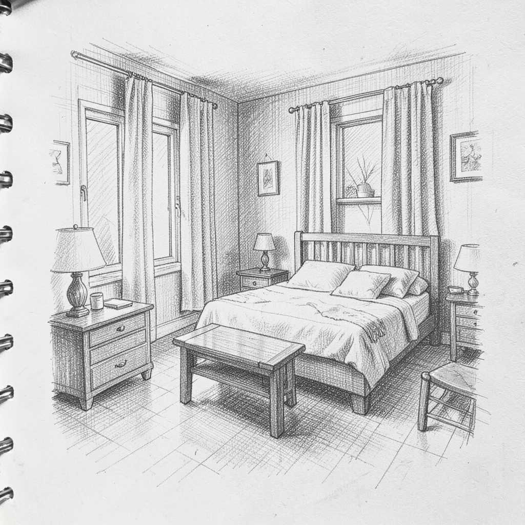 A bright hotel guestroom with warm neutral tones, a neatly made bed, and soft natural light