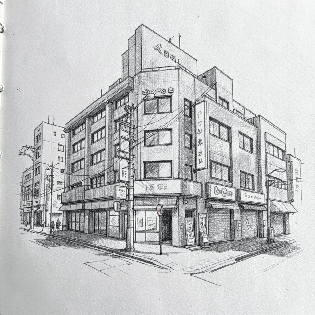 A graphite pencil sketch of the Shibuya Tobu Hotel exterior with warm grey tones, soft shadows, and a welcoming urban streetscape in the Shibuya district