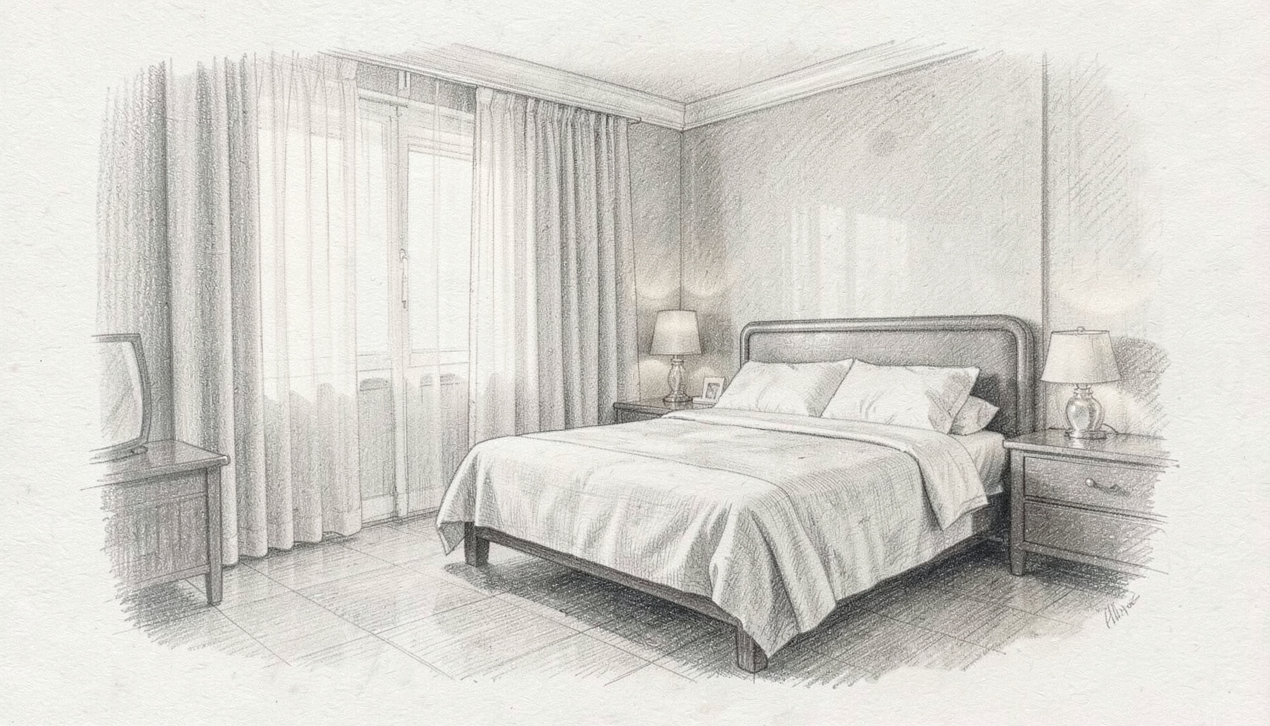A graphite pencil sketch of a serene hotel room interior with soft natural light filtering through sheer curtains, muted grey and cream tones