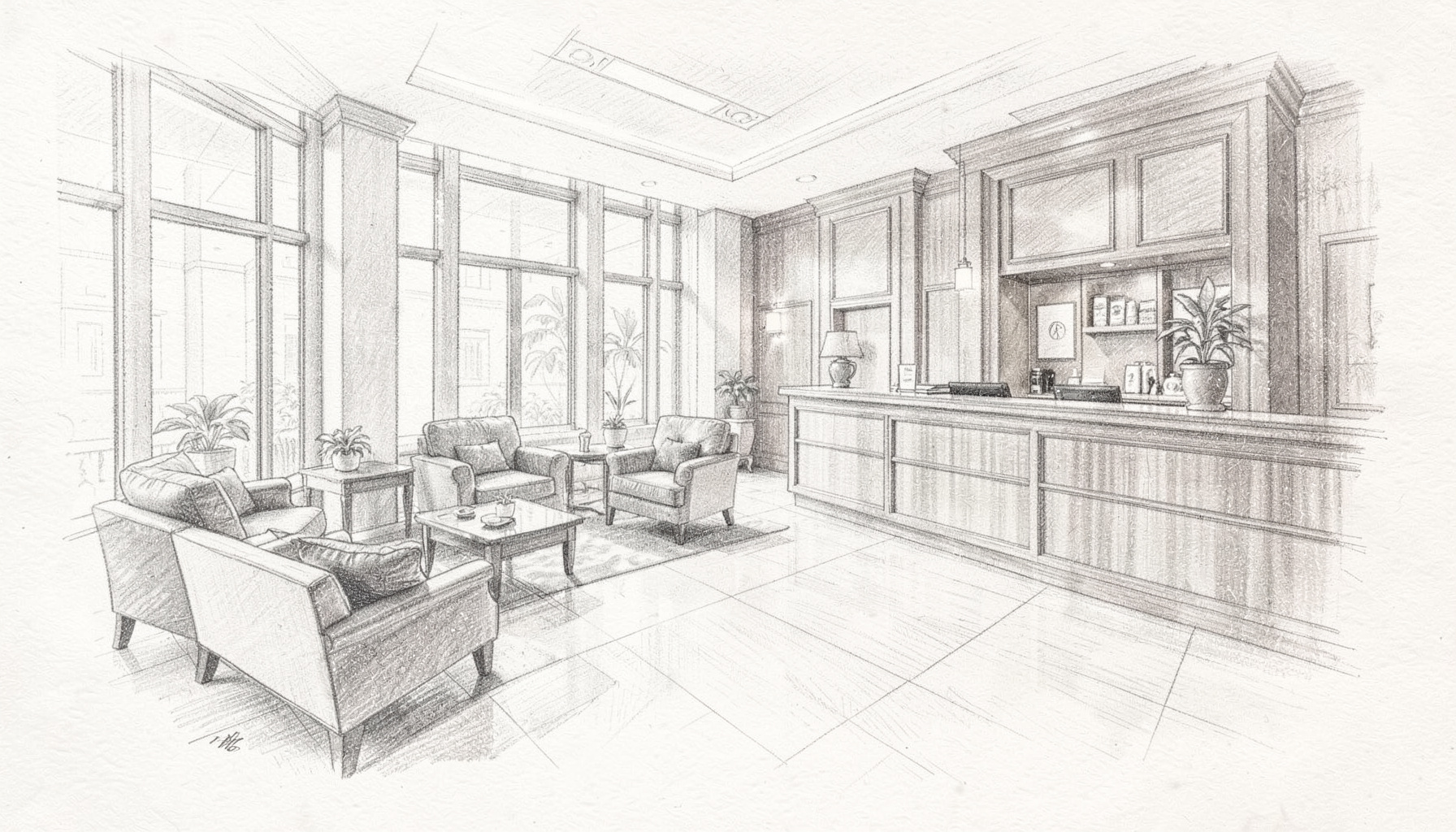 A pencil sketch of a bright hotel lobby with comfortable seating, warm grey tones, and a welcoming reception desk