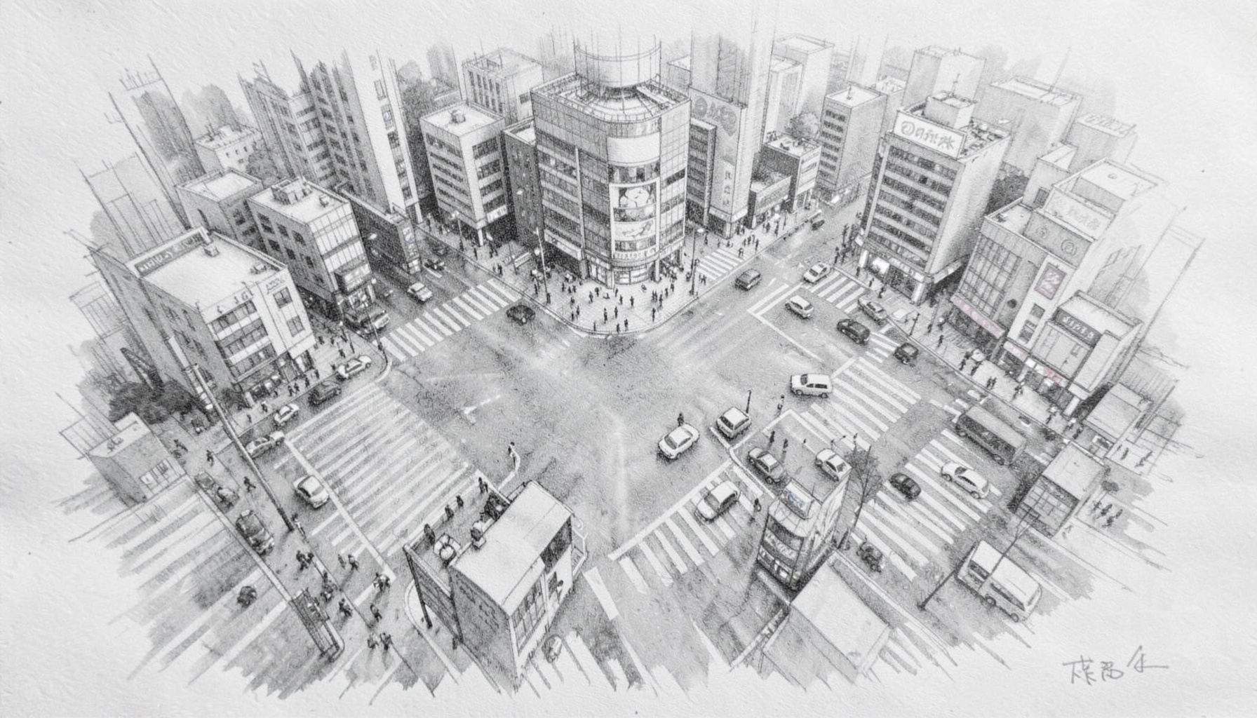 A graphite sketch of the Shibuya scramble crossing viewed from above, with soft grey washes suggesting the energy of the district
