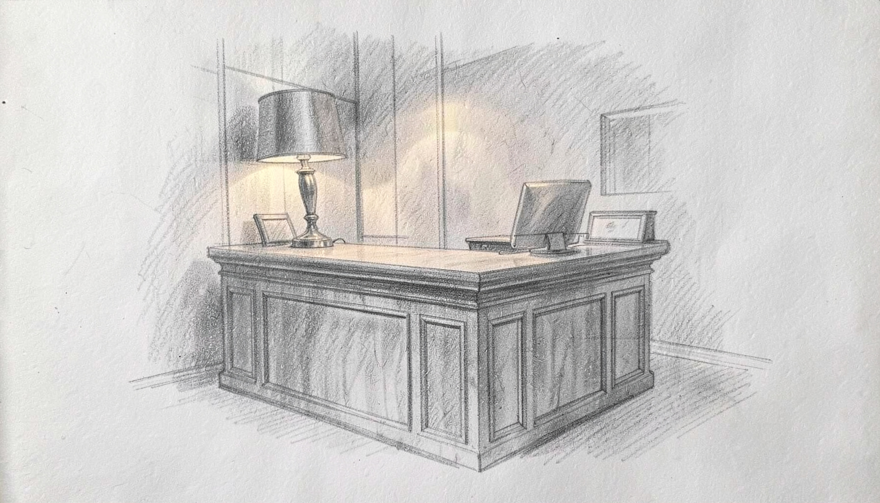 A pencil sketch of a hotel concierge desk with a warm lamp glow, soft grey shadows, and a helpful atmosphere