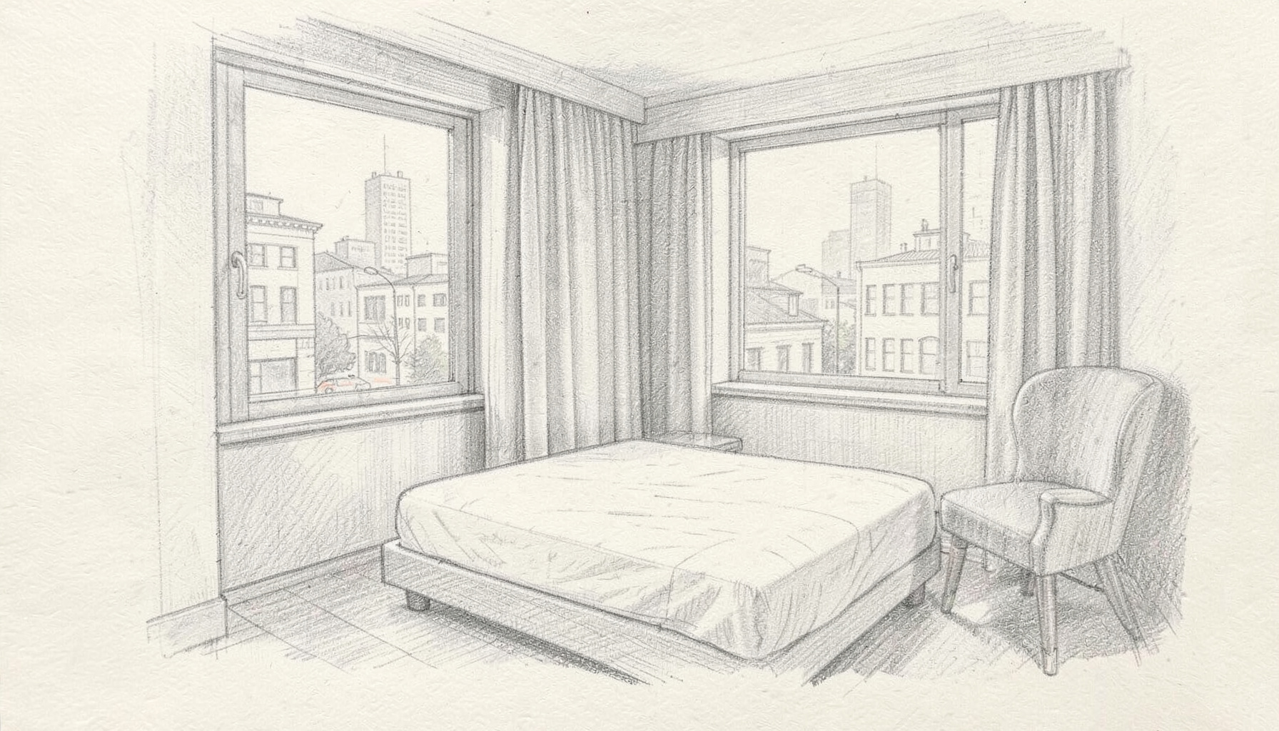 A pencil sketch of a compact single hotel room with a window overlooking a city street, soft grey and cream tones