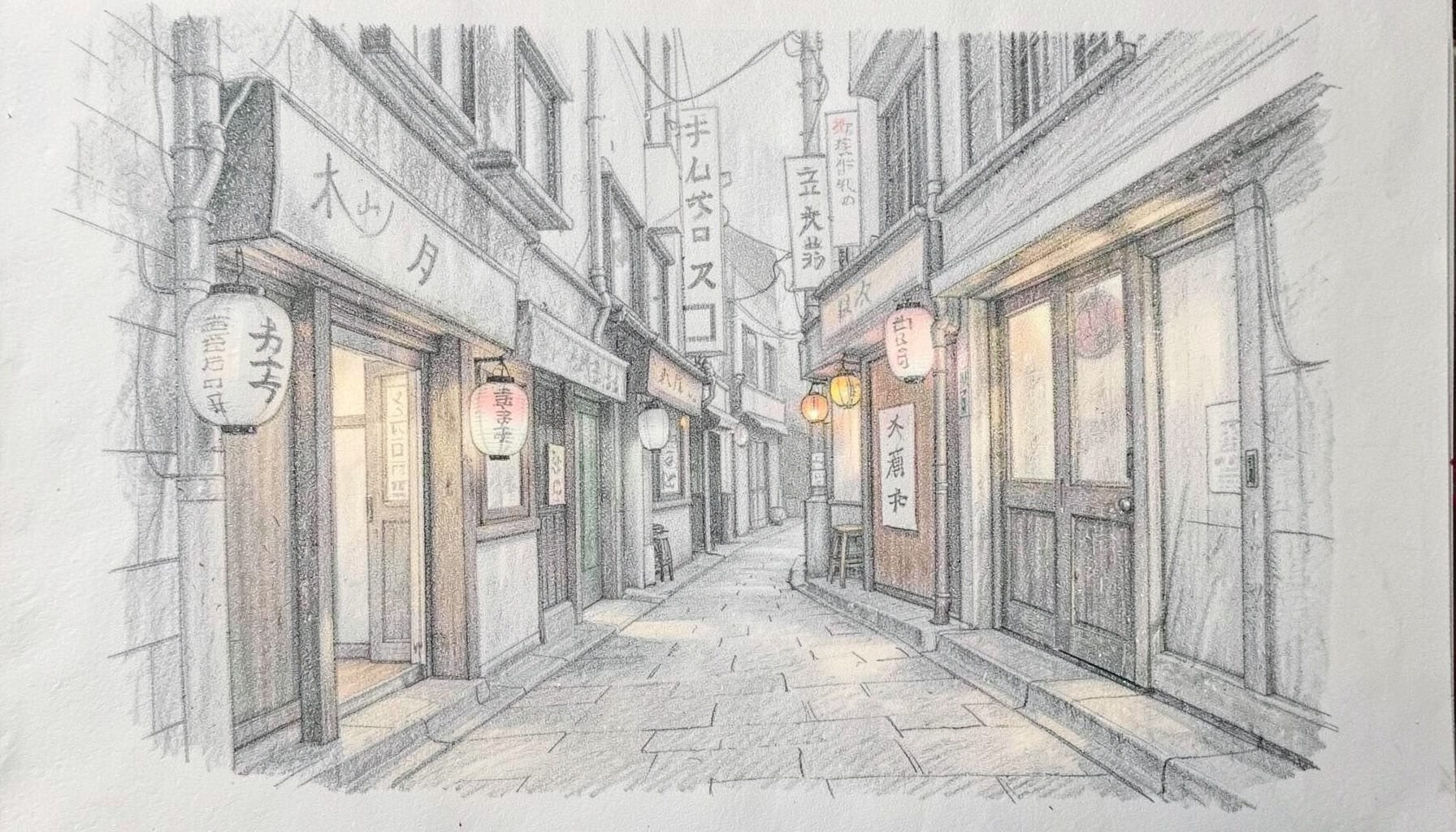 A graphite pencil sketch of a quiet Shibuya side street lined with small shops and lanterns, soft grey tones with hints of warmth