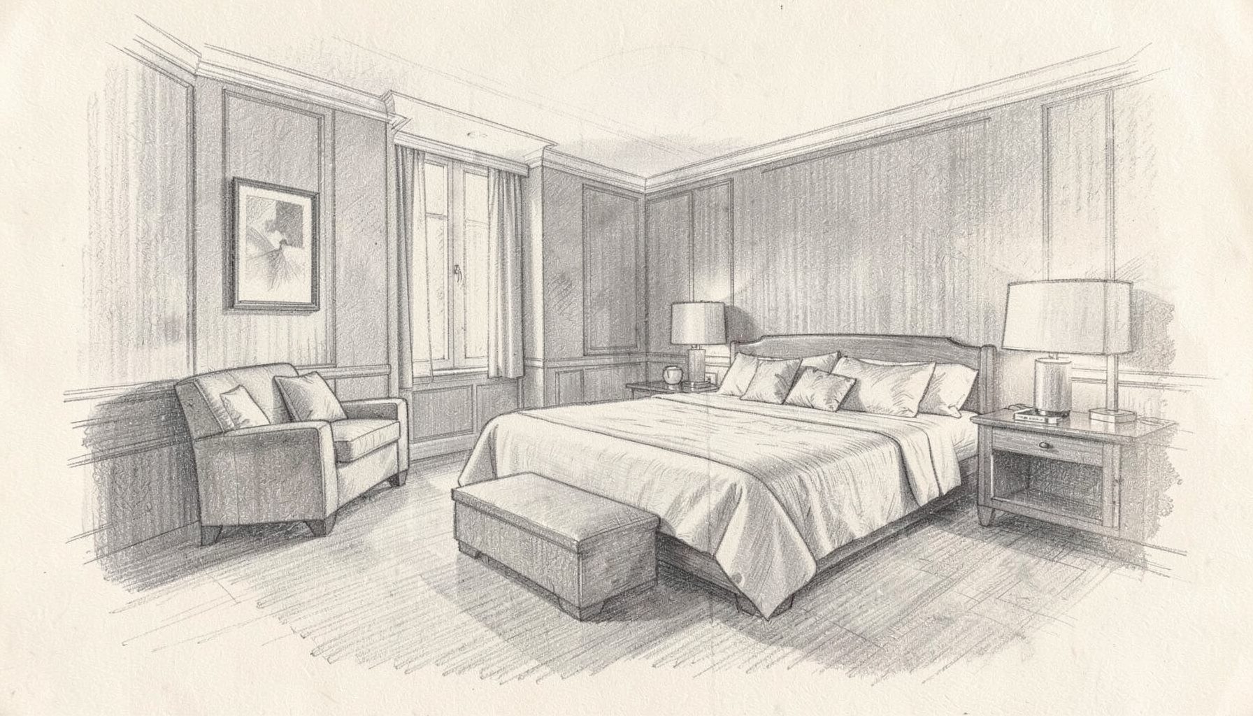 A pencil sketch of a larger hotel room with a sitting area, soft shadows, and an inviting calm atmosphere in grey and cream