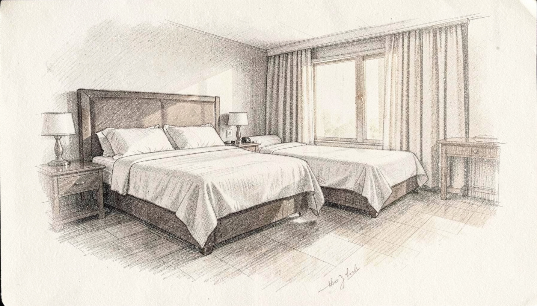 A graphite sketch of a double hotel room with two beds, gentle morning light, and muted warm grey tones