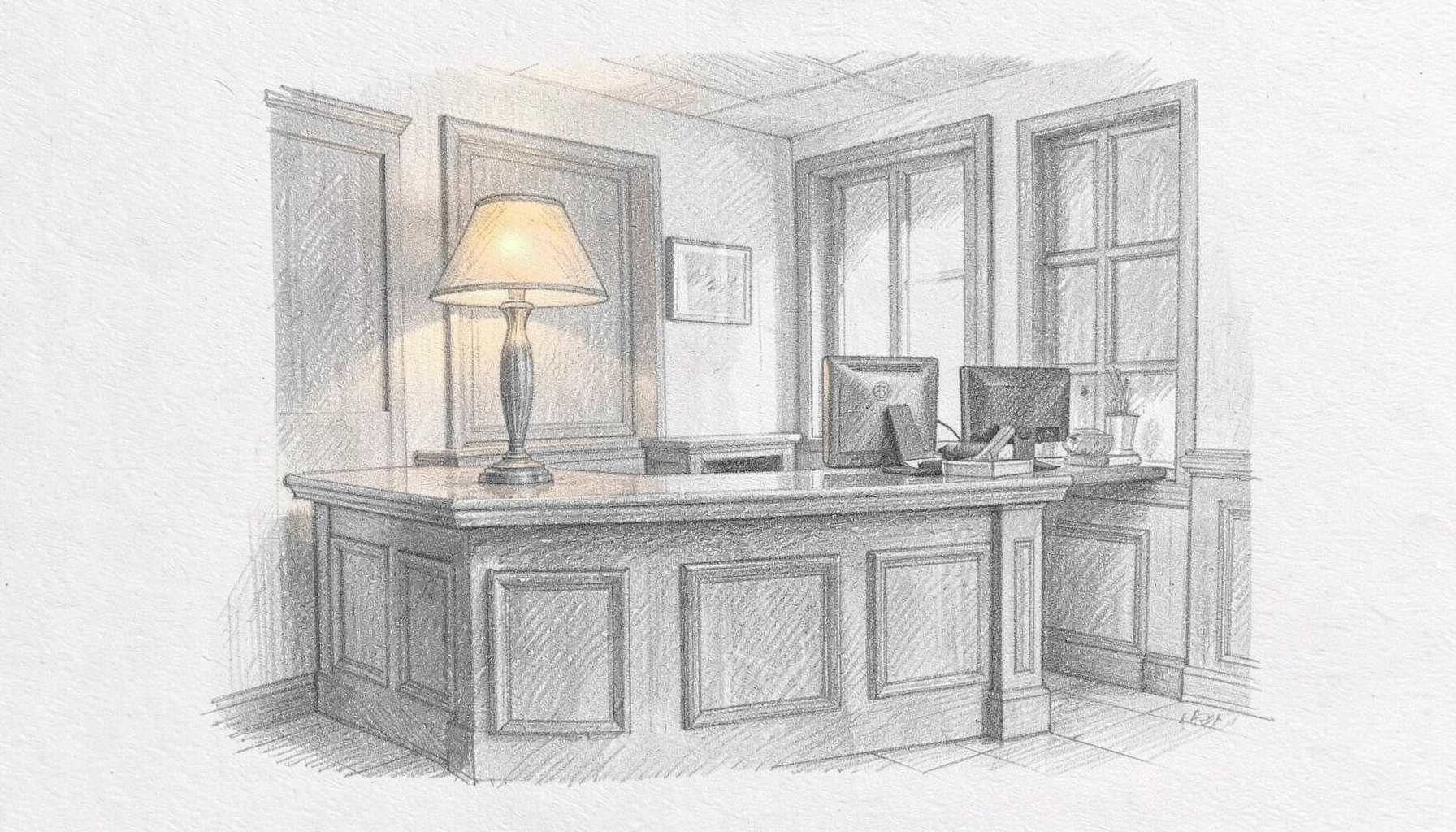 A graphite pencil sketch of a hotel front desk with a warm lamp, soft grey tones, and a welcoming atmosphere